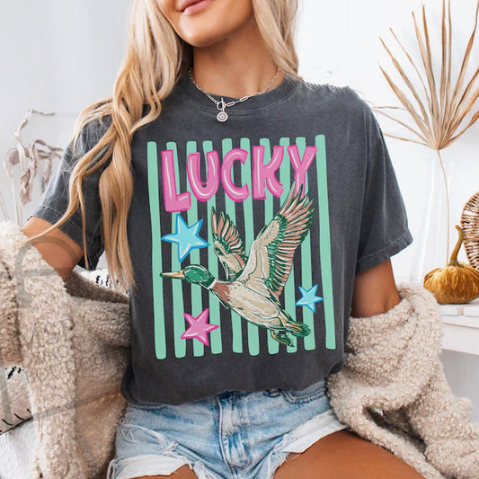 Lucky Duck Striped Tee, Funny Animal Meme Shirt