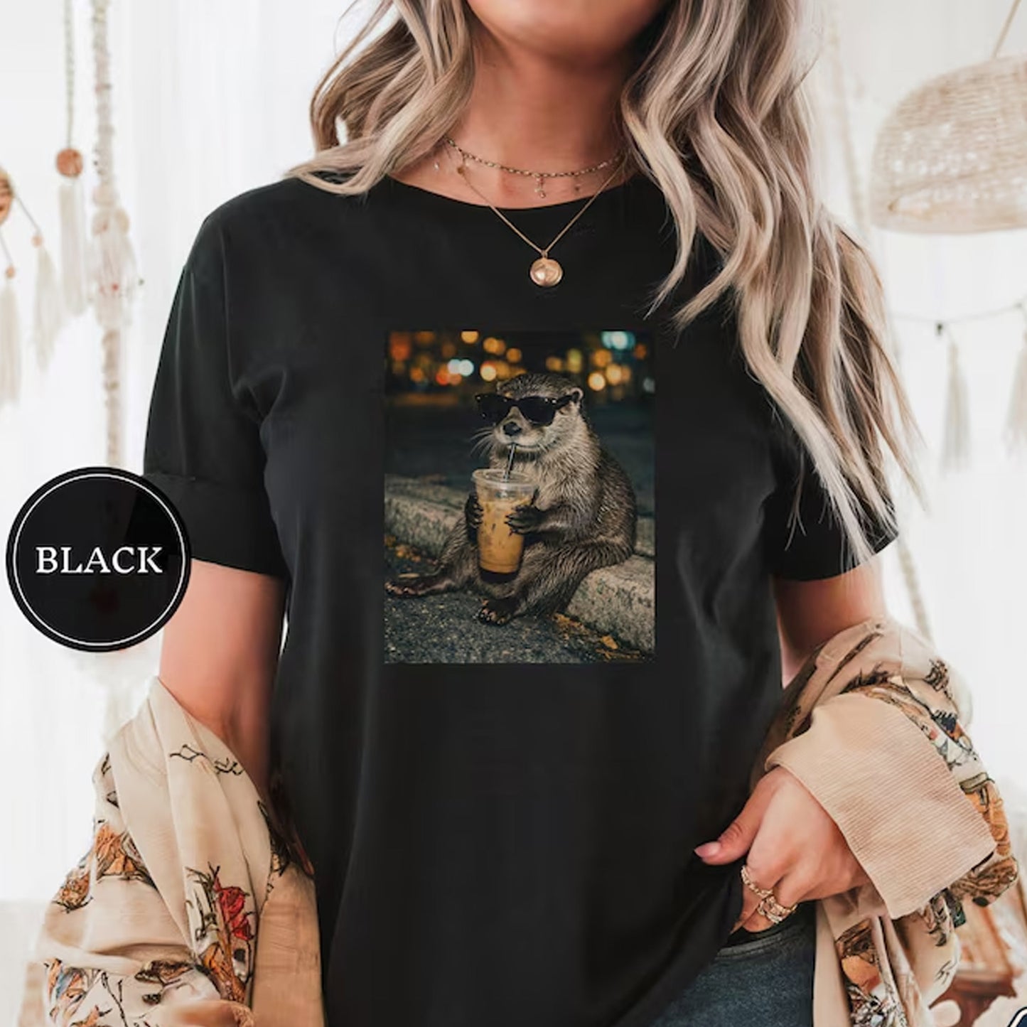 Funny Otter Drinking Iced Coffee Shirt, Animal Meme Graphic Tee