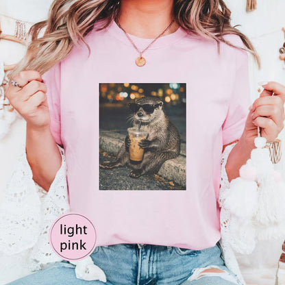 Funny Otter Drinking Iced Coffee Shirt, Animal Meme Graphic Tee