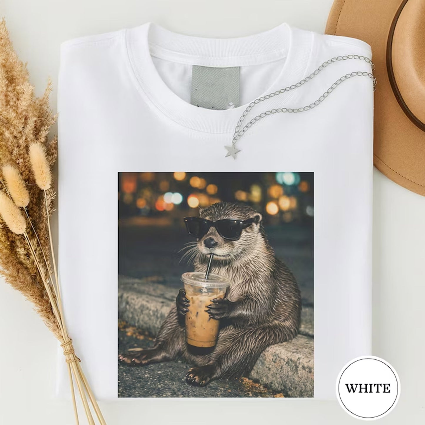 Funny Otter Drinking Iced Coffee Shirt, Animal Meme Graphic Tee