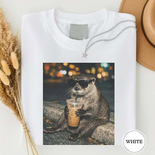 Funny Otter Drinking Iced Coffee Shirt, Animal Meme Graphic Tee