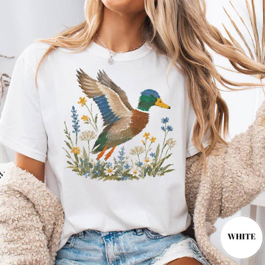 Mallard Duck Wildflower T-Shirt, Vintage Cottagecore Tee