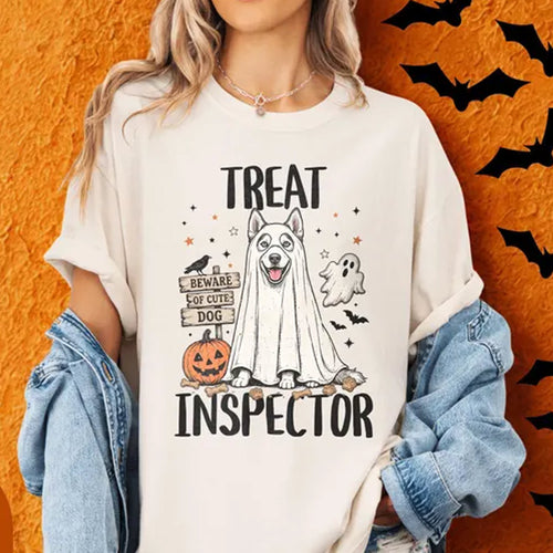 Halloween Ghost Husky Dog Mom Tshirt, Funny Treat Inspector Tee