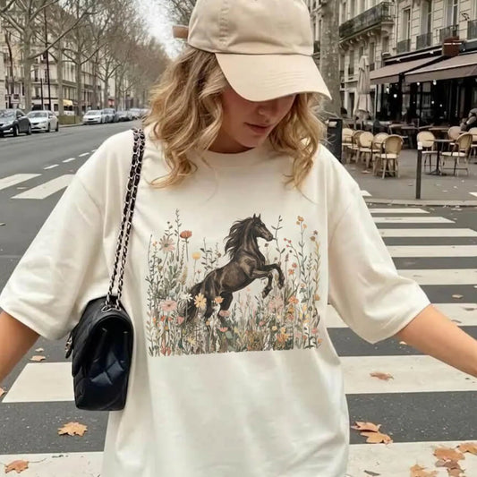 Horse Shirt for Horse Lovers, Cottagecore Vintage Wildflower Tee
