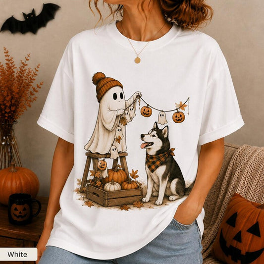 Ghost Husky Shirt, Halloween Dog Mom Tee, Cute Spooky Season Shirt