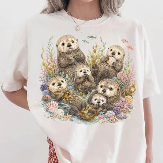 Sea Otter Cottagecore T-Shirt, Trendy Coastal Tee