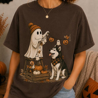 Ghost Husky Shirt, Halloween Dog Mom Tee, Cute Spooky Season Shirt