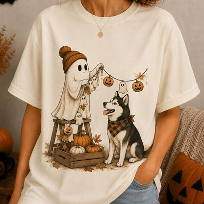 Ghost Husky Shirt, Halloween Dog Mom Tee, Cute Spooky Season Shirt