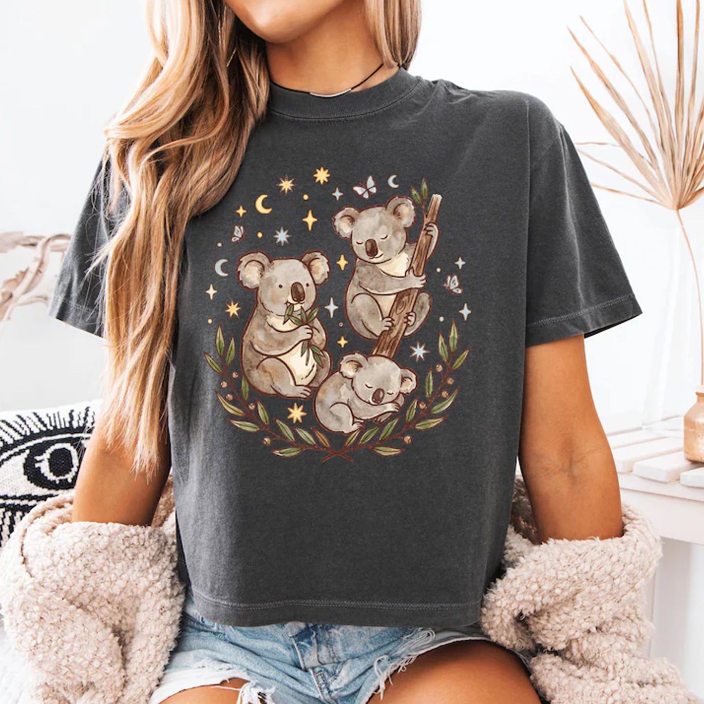Cozy Koala Family Starry Sky Boxy Tee, Cute Koala Shirt