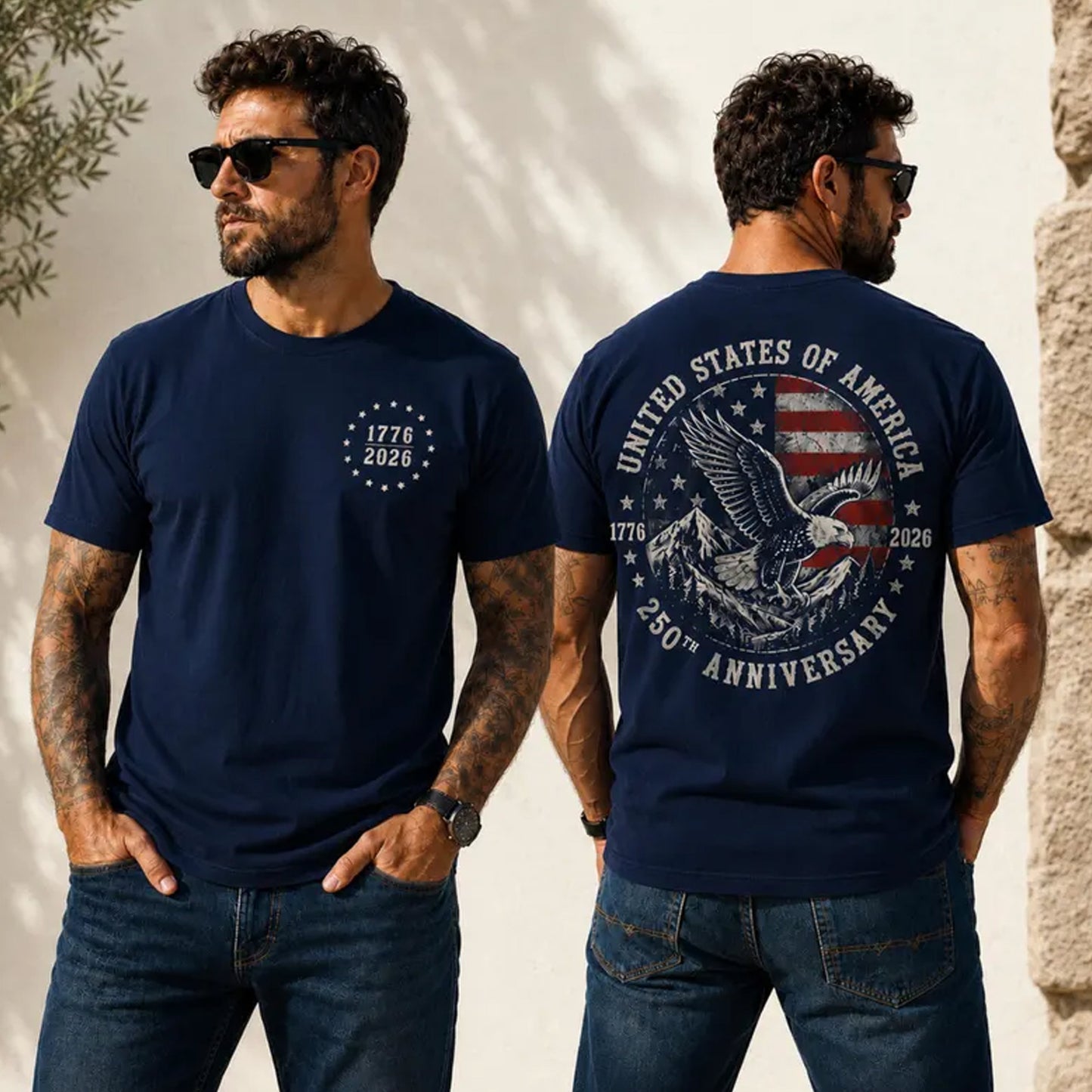America 250 Shirt, 250th Anniversary Patriotic Eagle Tee Front & Back Print