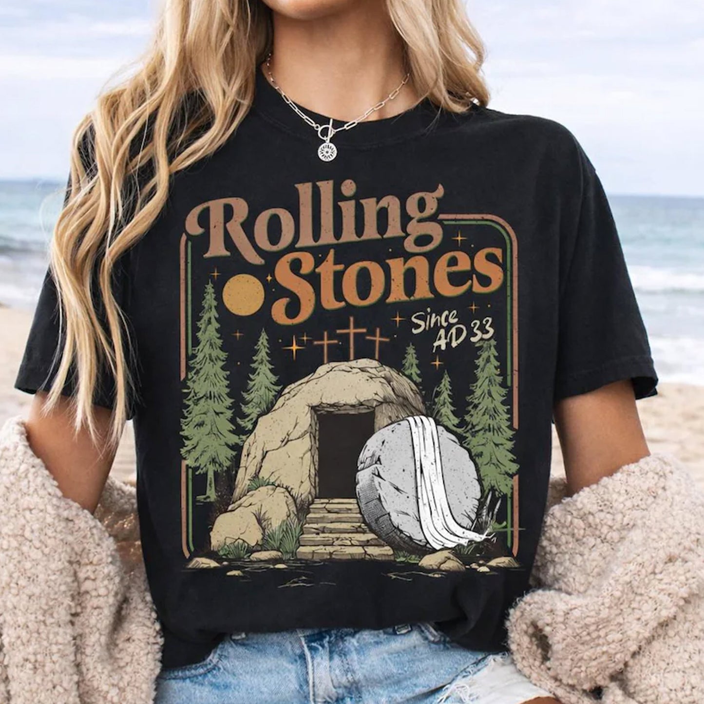 Rolling Christian T-Shirt Trendy Stones Easter Clothing Jesus Christ Gift
