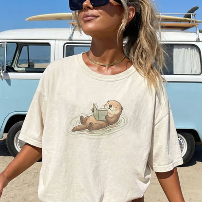 Reading Otter T-Shirt, Cute Book Lover Animal Graphic Tee
