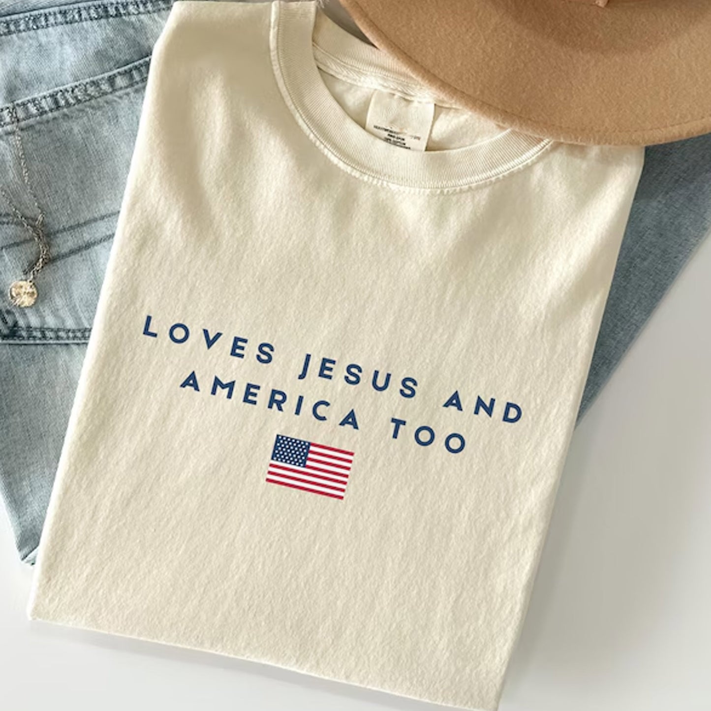 Christian Patriotic Shirt, Loves Jesus and America Too Tee