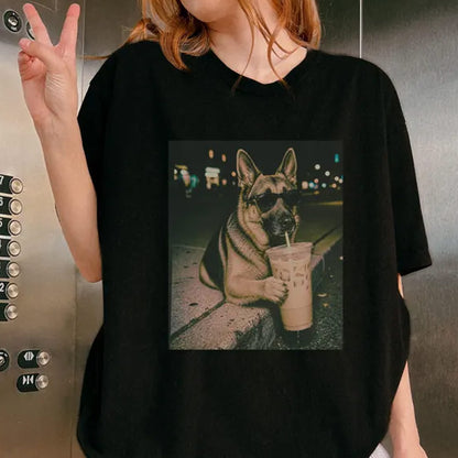 Funny German Shepherd Drinking Iced Coffee Shirt
