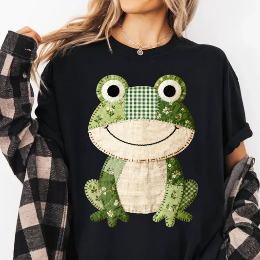 Faux Patchwork Effect Frog T-Shirt, Quilted Gingham Floral Frog Tee