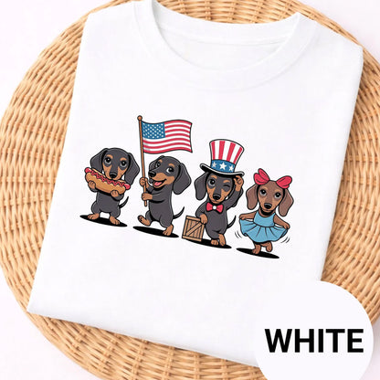 Patriotic Dachshund Quartet T-Shirt | American Flag Puppy Dogs