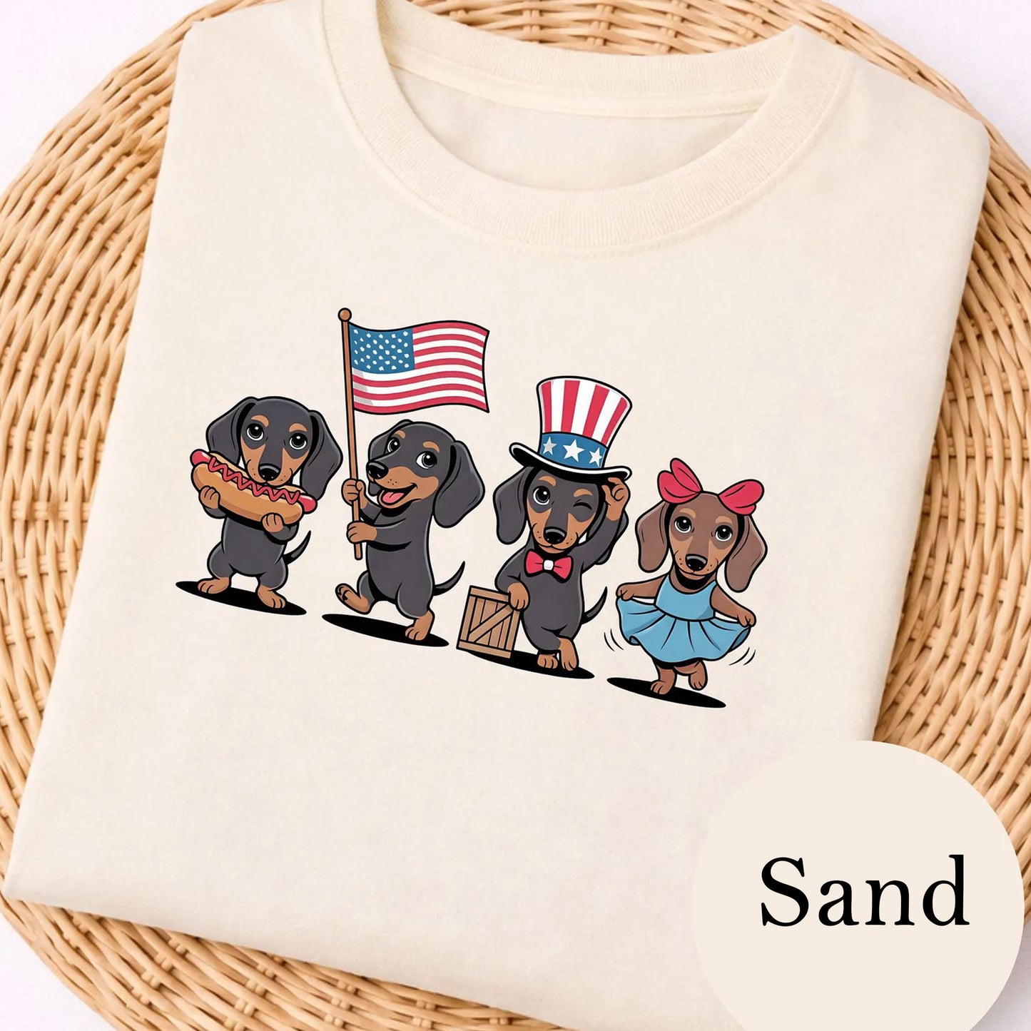 Patriotic Dachshund Quartet T-Shirt | American Flag Puppy Dogs