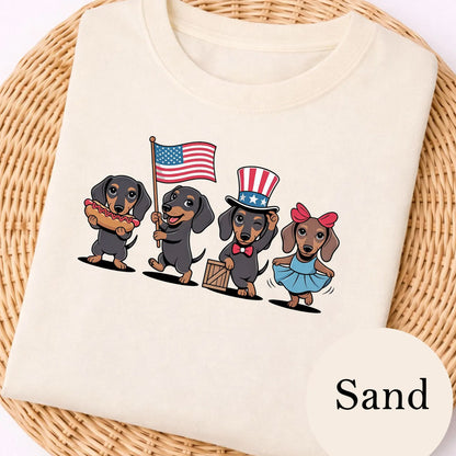 Patriotic Dachshund Quartet T-Shirt | American Flag Puppy Dogs