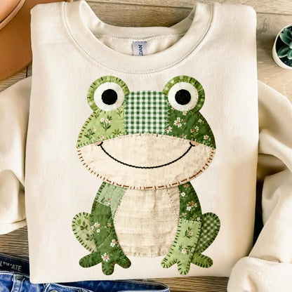 Faux Patchwork Effect Frog T-Shirt, Quilted Gingham Floral Frog Tee