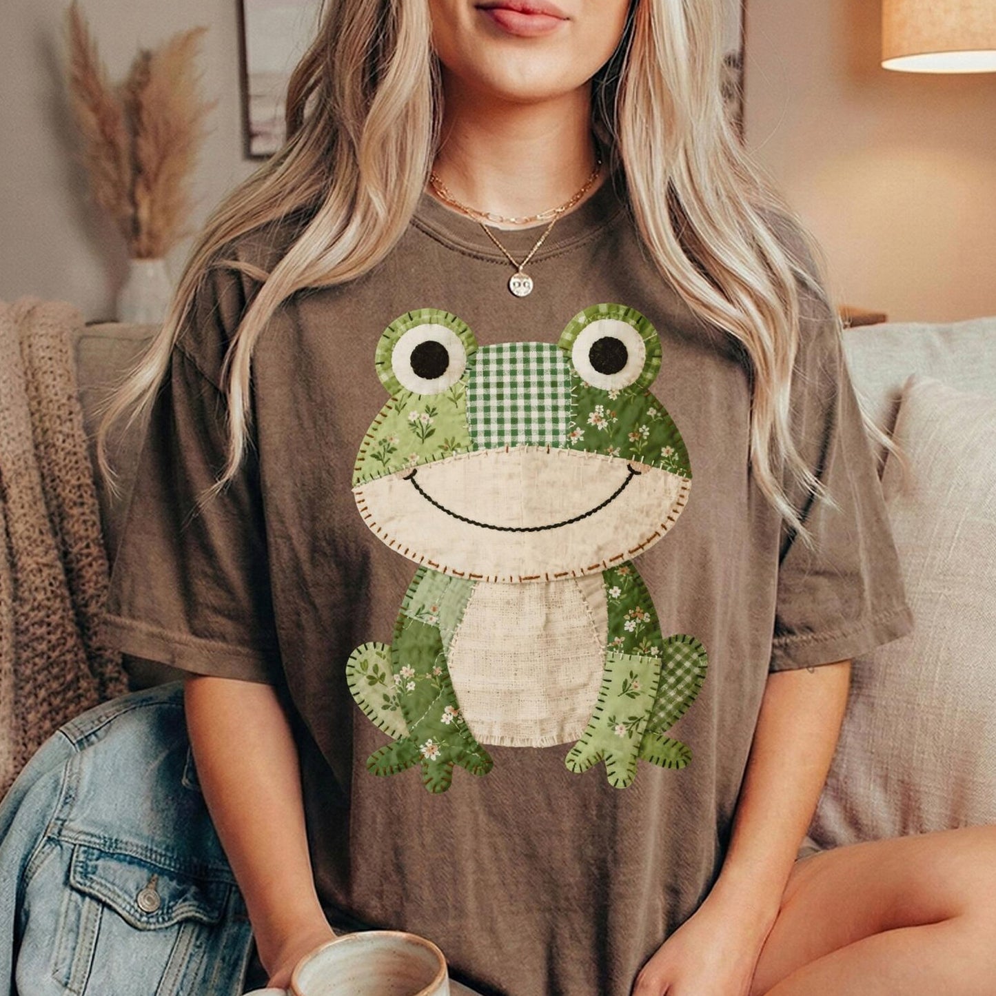 Faux Patchwork Effect Frog T-Shirt, Quilted Gingham Floral Frog Tee