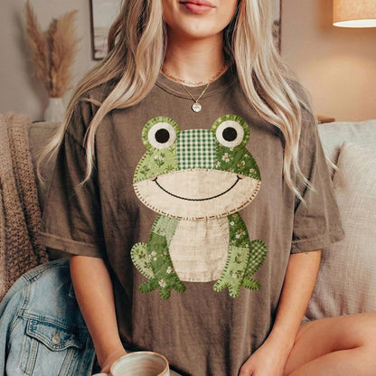 Faux Patchwork Effect Frog T-Shirt, Quilted Gingham Floral Frog Tee