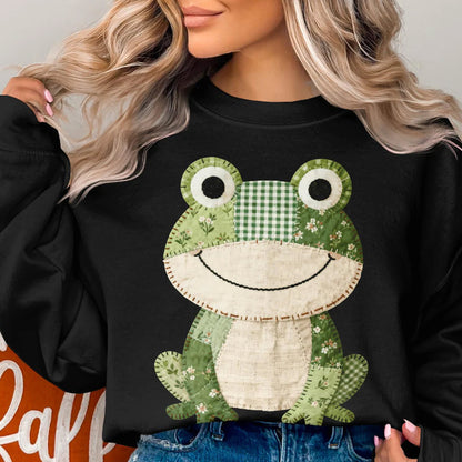 Faux Patchwork Effect Frog T-Shirt, Quilted Gingham Floral Frog Tee