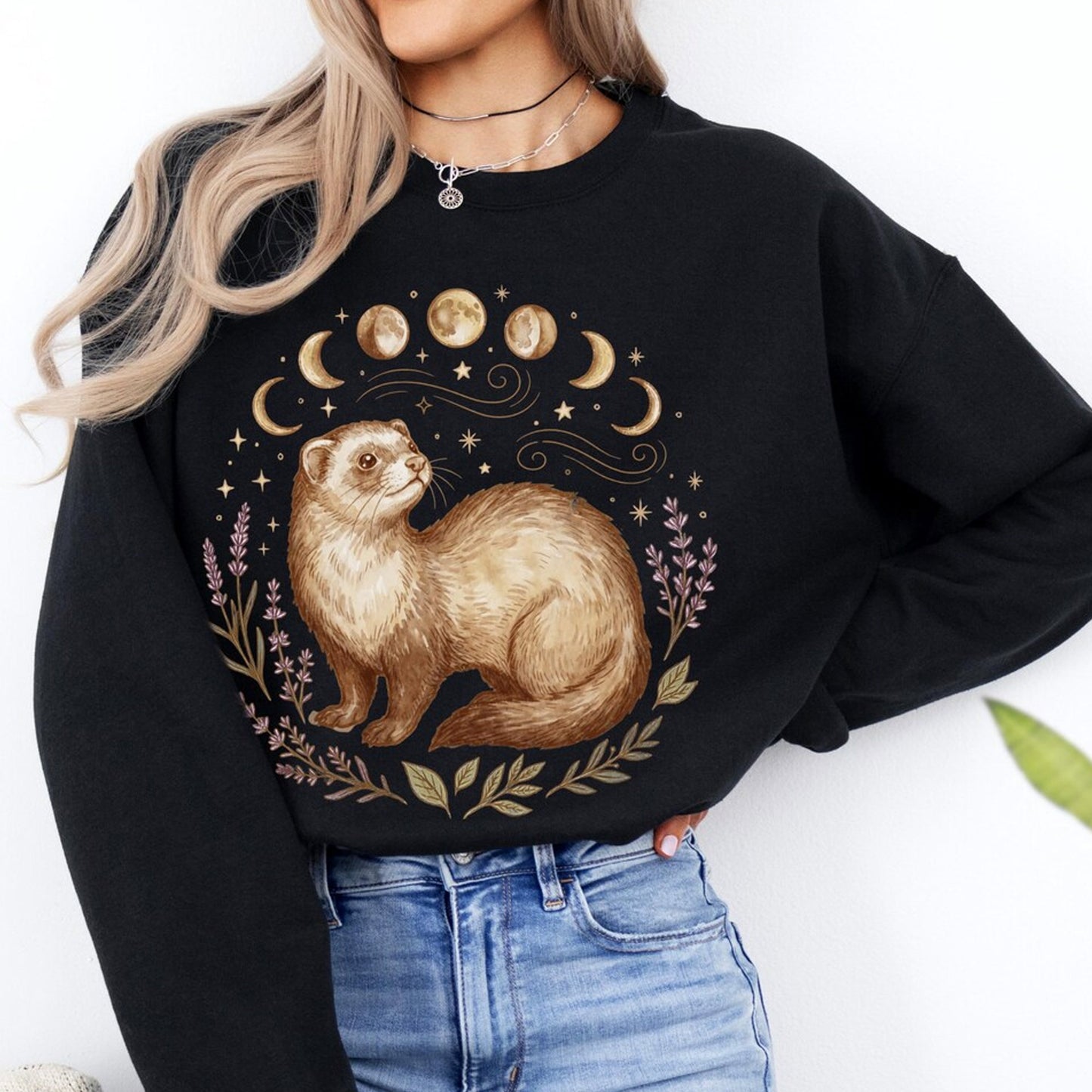 Woodland Ferret Moon Phases Wildflowers Sweatshirt