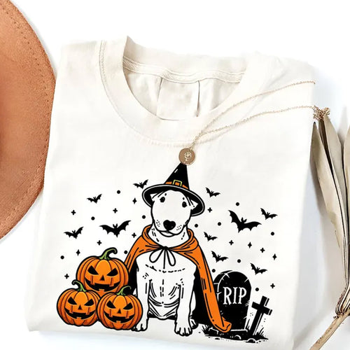 Spooky Terrier Dog T-Shirt, Pumpkin Bull Terrier Tee