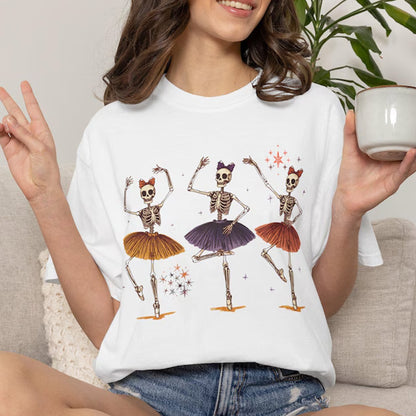Skeleton Ballerinas T-shirt, Dancing Skull Ballet Trio, Halloween Dance Tee