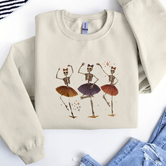 Skeleton Ballerinas T-shirt, Dancing Skull Ballet Trio, Halloween Dance Tee