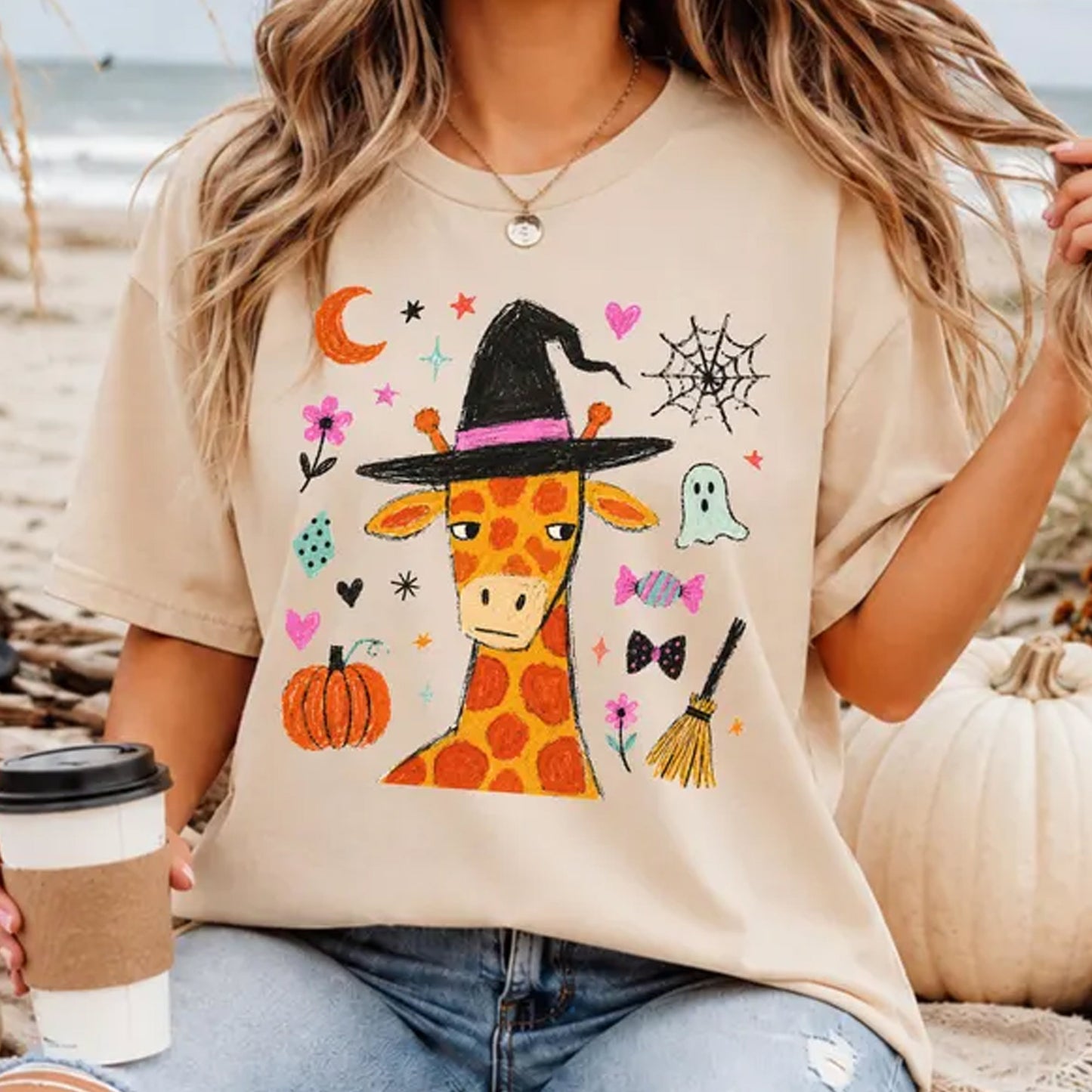 Giraffe Halloween Shirt, Witch Giraffe Tee, Cute Spooky Season Shirt