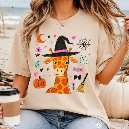Giraffe Halloween Shirt, Witch Giraffe Tee, Cute Spooky Season Shirt