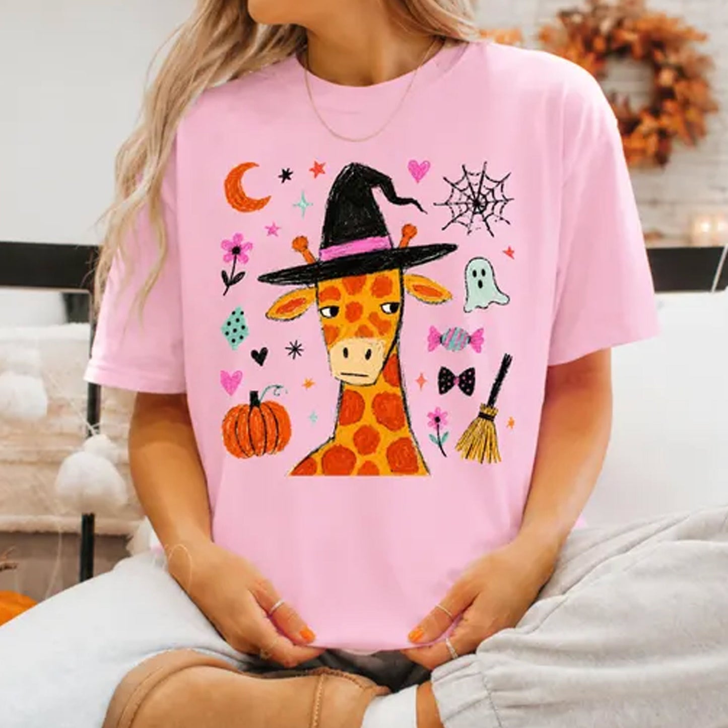 Giraffe Halloween Shirt, Witch Giraffe Tee, Cute Spooky Season Shirt