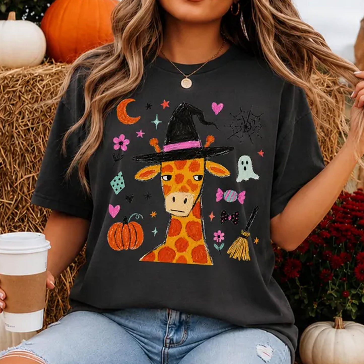 Giraffe Halloween Shirt, Witch Giraffe Tee, Cute Spooky Season Shirt