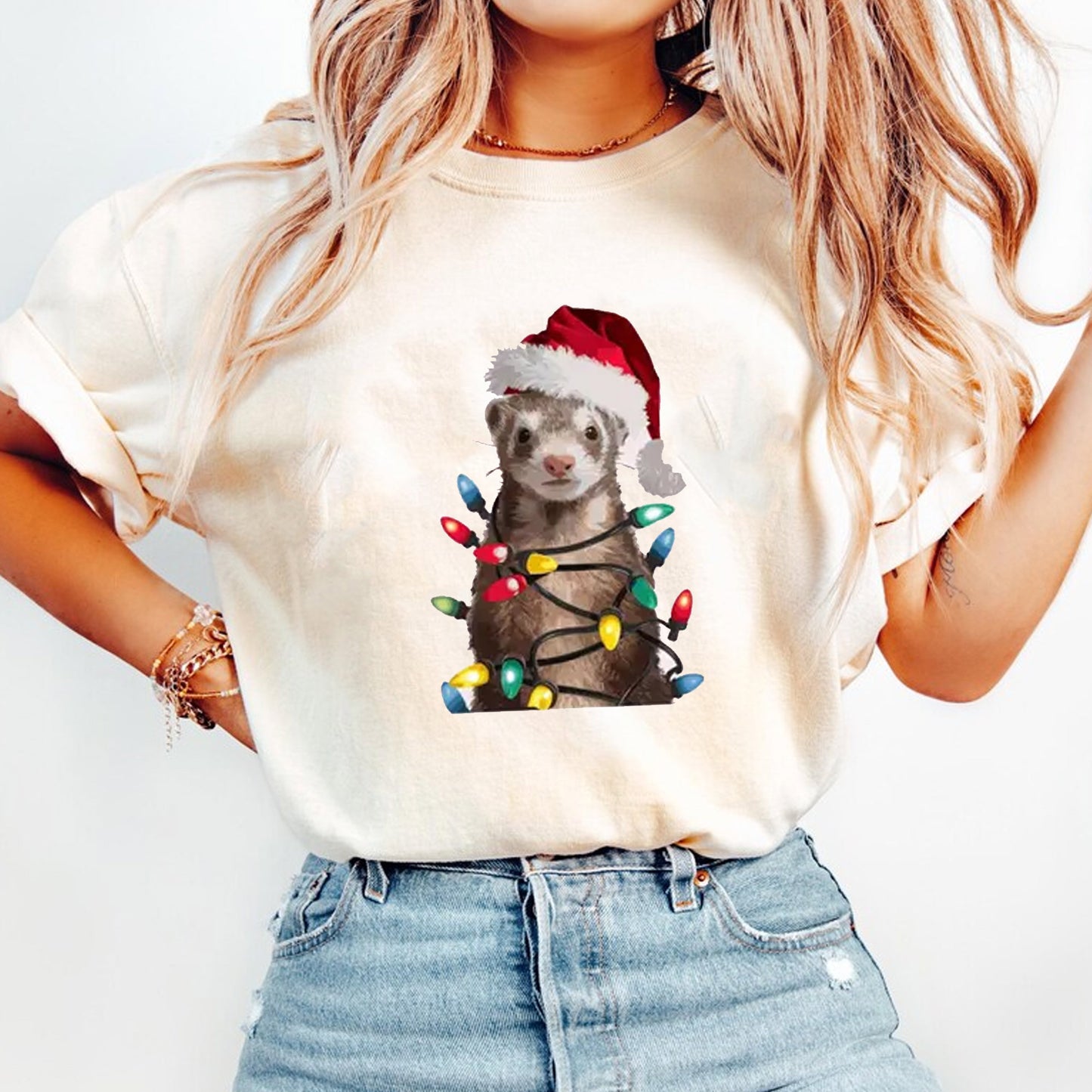 Funny Ferret Christmas Shirt, Santa Ferret with Lights Tee