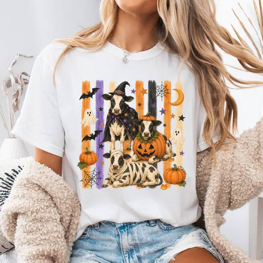 Stripes Cow Halloween Shirt, Funny Spooky Season Highland Cow Tee