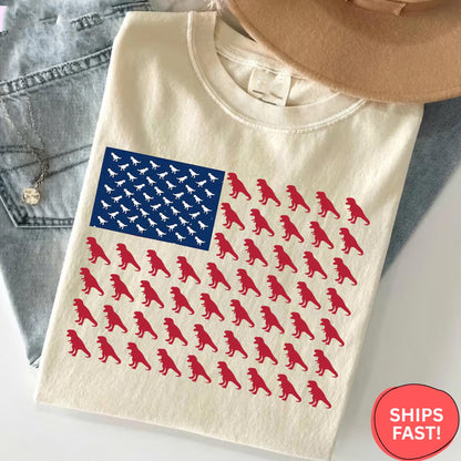 T-Rex American Flag Shirt, Patriotic Dinosaur Tee, 4th of July T-Rex Gift