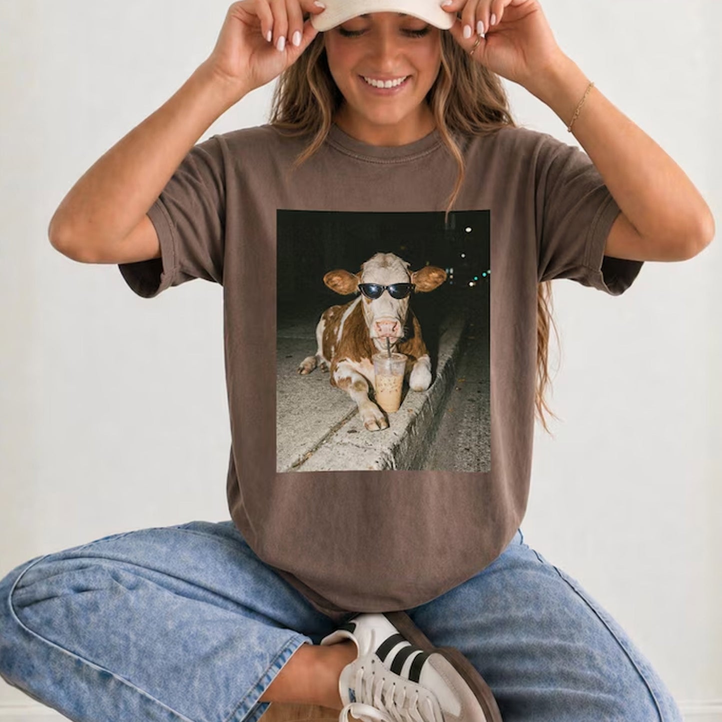 Cow Drinking Iced Coffee Shirt, Funny Animal Meme Tee