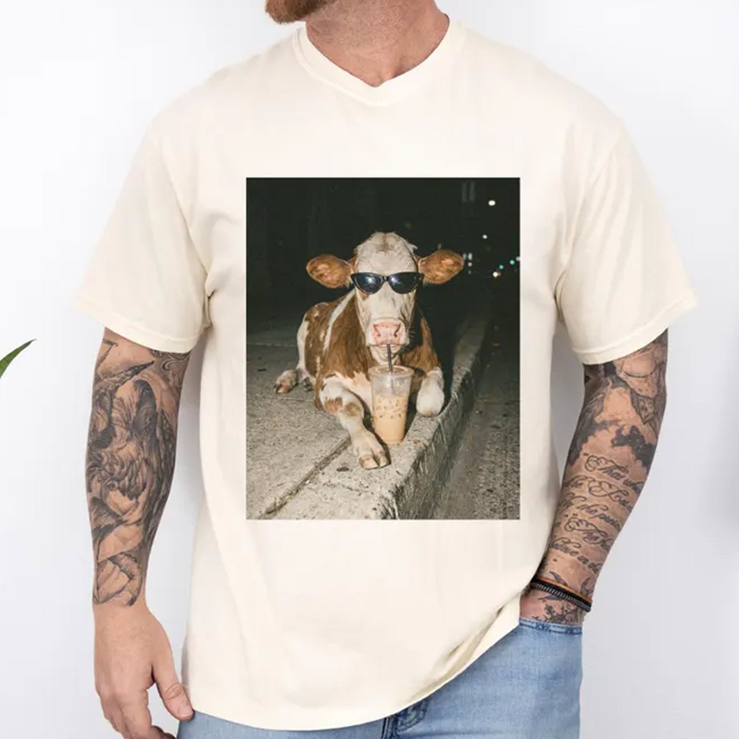 Cow Drinking Iced Coffee Shirt, Funny Animal Meme Tee