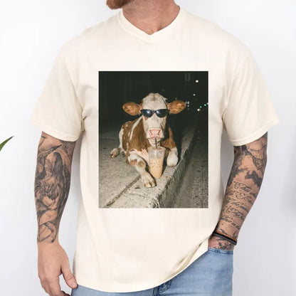 Cow Drinking Iced Coffee Shirt, Funny Animal Meme Tee