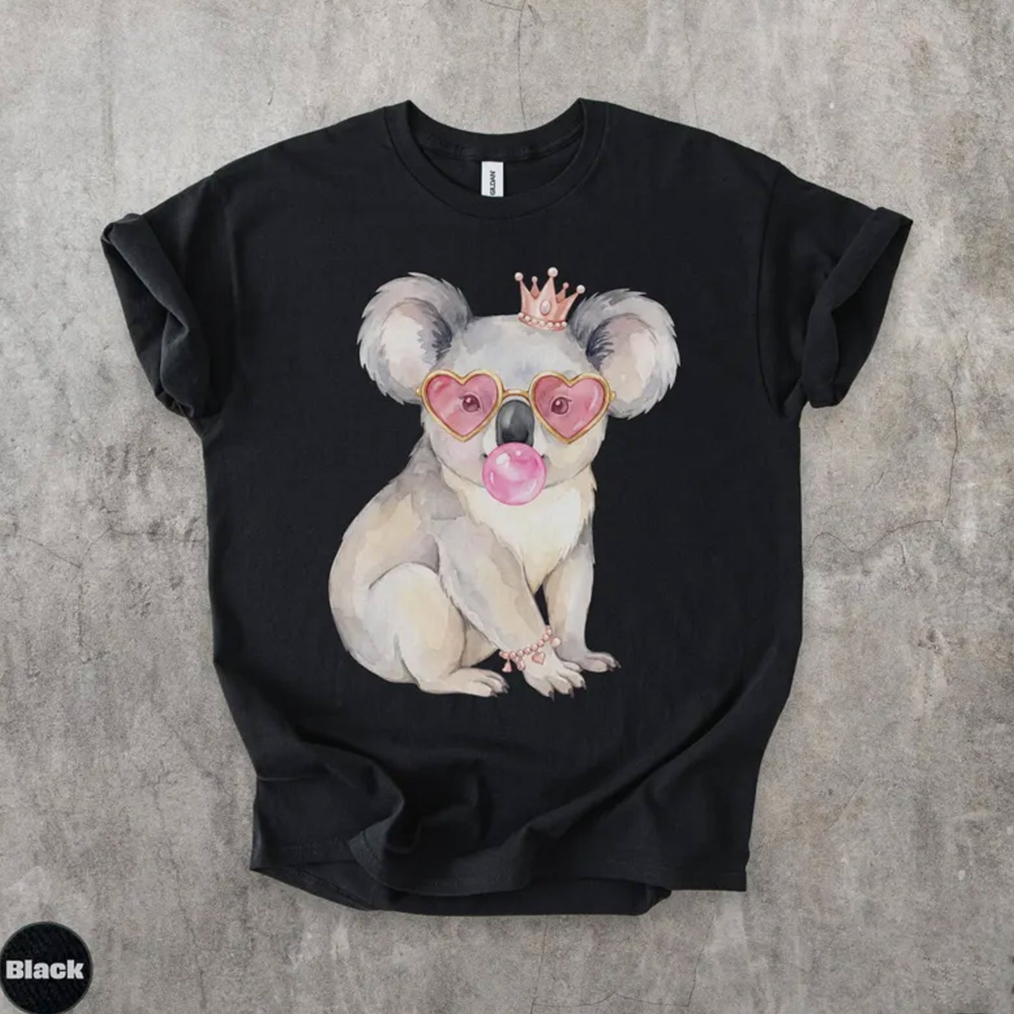 Watercolor Koala Bubblegum T-Shirt, Sassy Heart Sunglasses Crown Tee