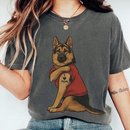 German Shepherd T-Shirt Featuring Tattooed Dog Illustration Tee