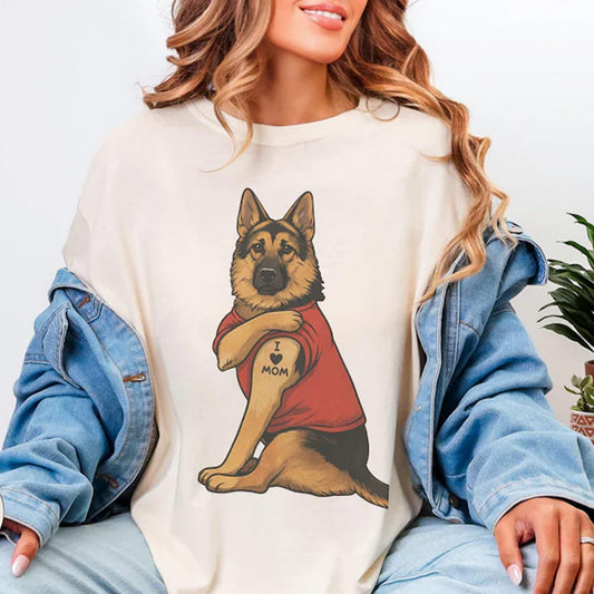 German Shepherd T-Shirt Featuring Tattooed Dog Illustration Tee