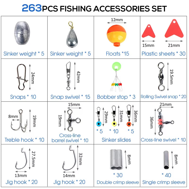 Manto™ 263pcs Fishing Accessories Kit with Tackle Box – Hooks, Sinkers, Swivels & Pliers