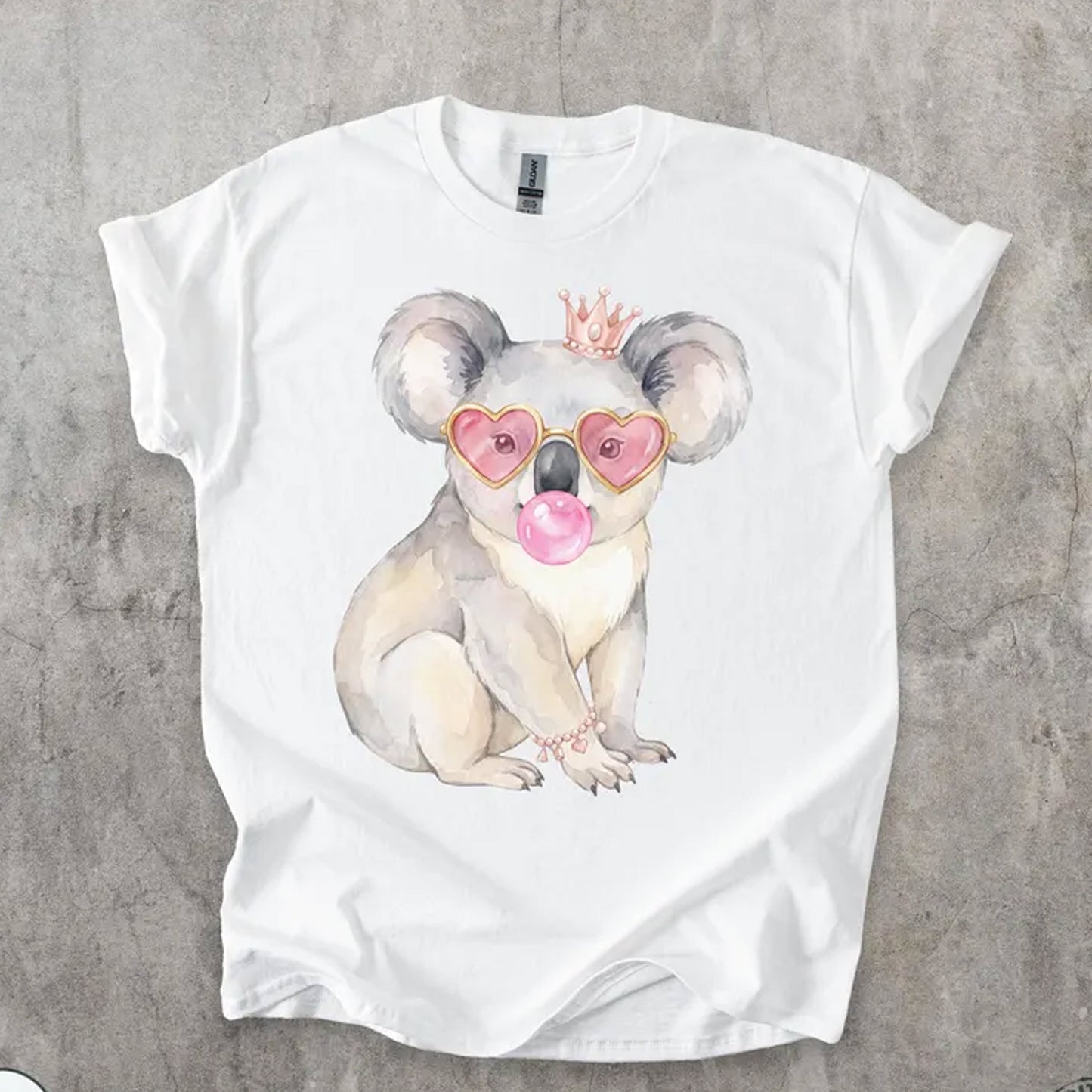 Watercolor Koala Bubblegum T-Shirt, Sassy Heart Sunglasses Crown Tee