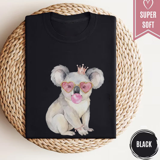 Watercolor Koala Bubblegum T-Shirt, Sassy Heart Sunglasses Crown Tee