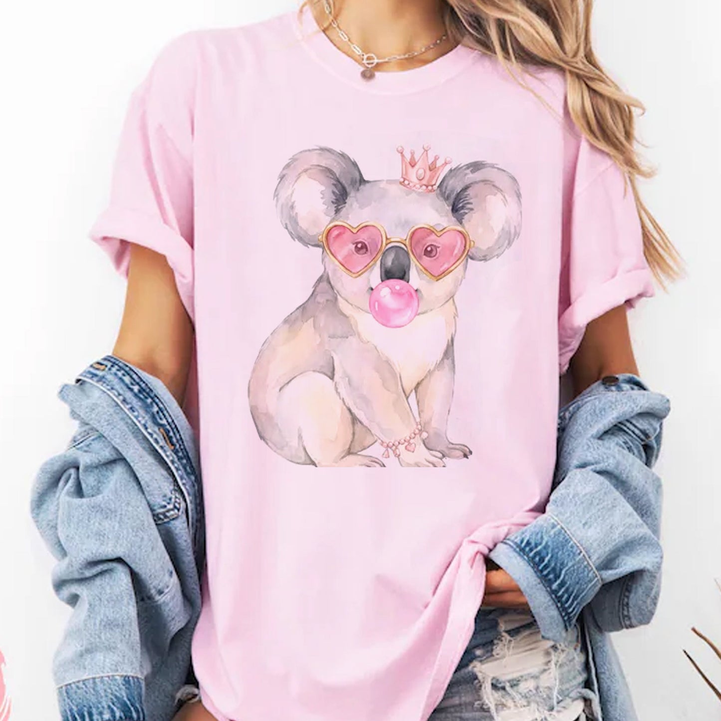 Watercolor Koala Bubblegum T-Shirt, Sassy Heart Sunglasses Crown Tee