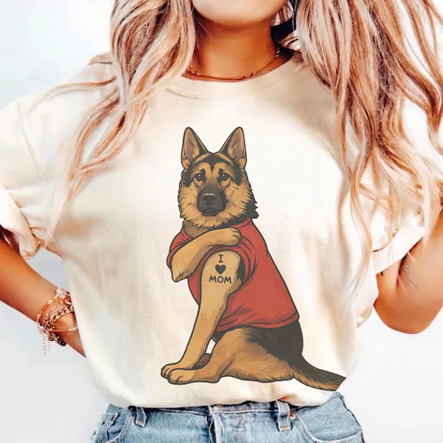 German Shepherd T-Shirt Featuring Tattooed Dog Illustration Tee