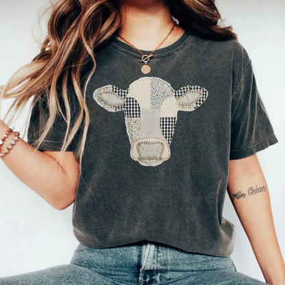 Faux Patchwork Cow T-Shirt, Quilted Farm Animal Head Tee