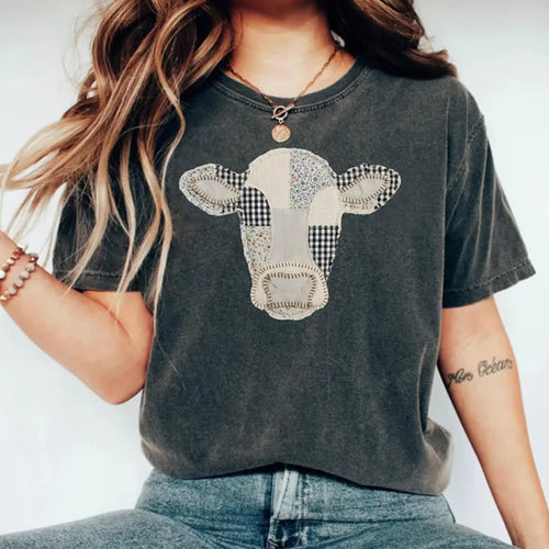 Faux Patchwork Cow T-Shirt, Quilted Farm Animal Head Tee